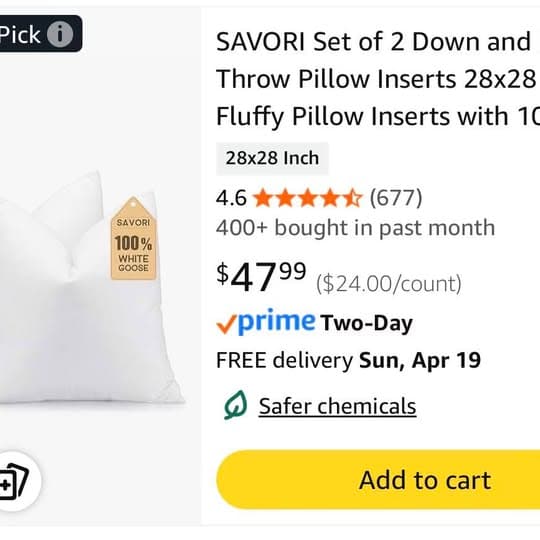 Down Feather Accent Pillows 28" x 28"