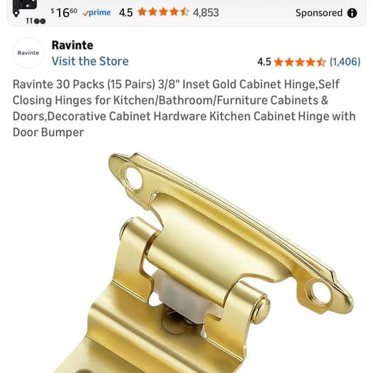 30 pack (15 sets) of gold cabinet hinges