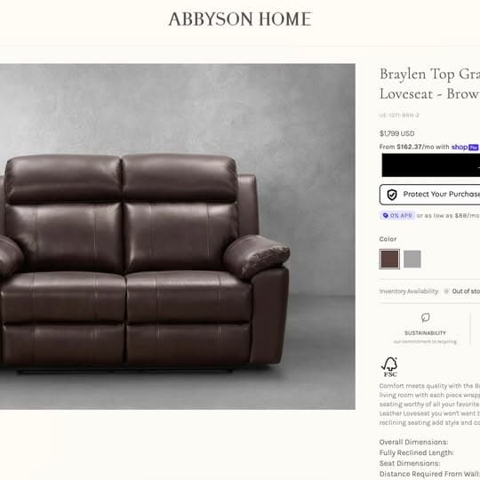 Braylen Top Grain Leather Reclining Loveseat, Couch, Chair - ALL Brown
