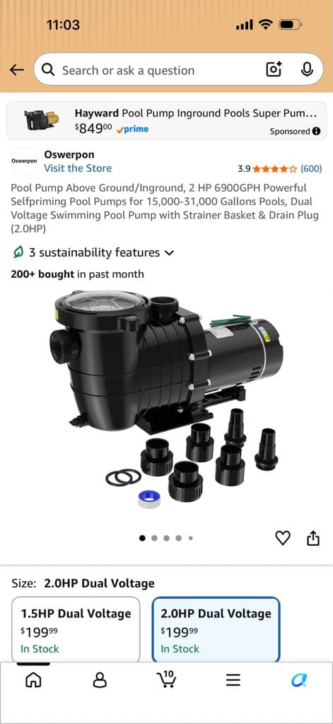 Oswerpon 2.0HP Dual Voltage Pool Pump for Inground/Above Ground